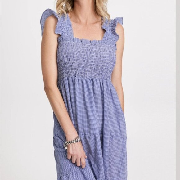 London Times Ruffled Sleeveless Smocked Midi Dress Gingham Blue - Picture 3 of 11